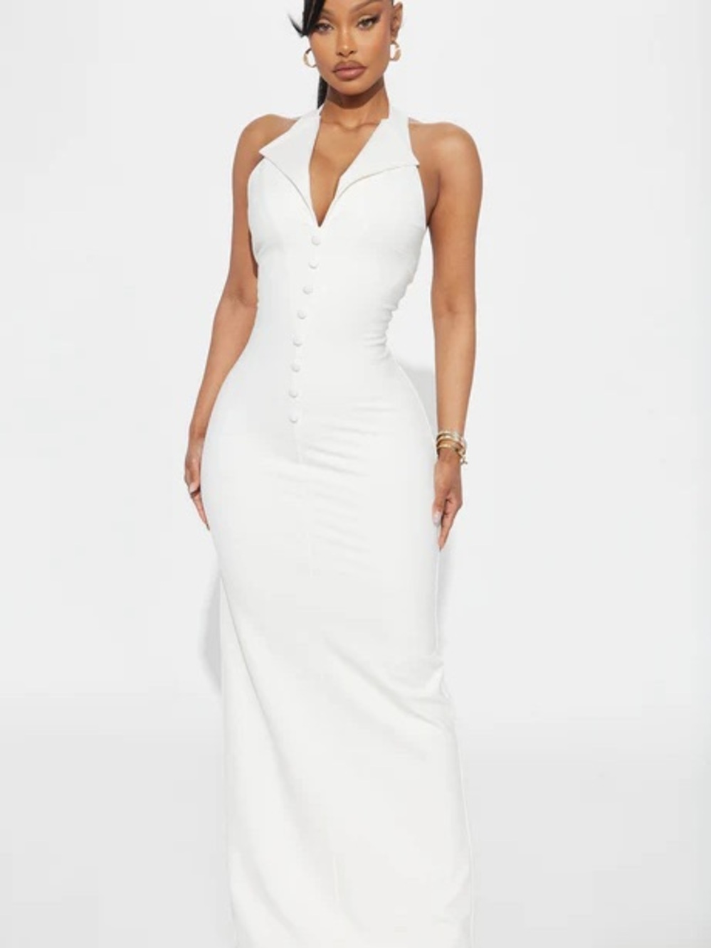 Fashion Nova White Halter Button-Front Maxi Dress